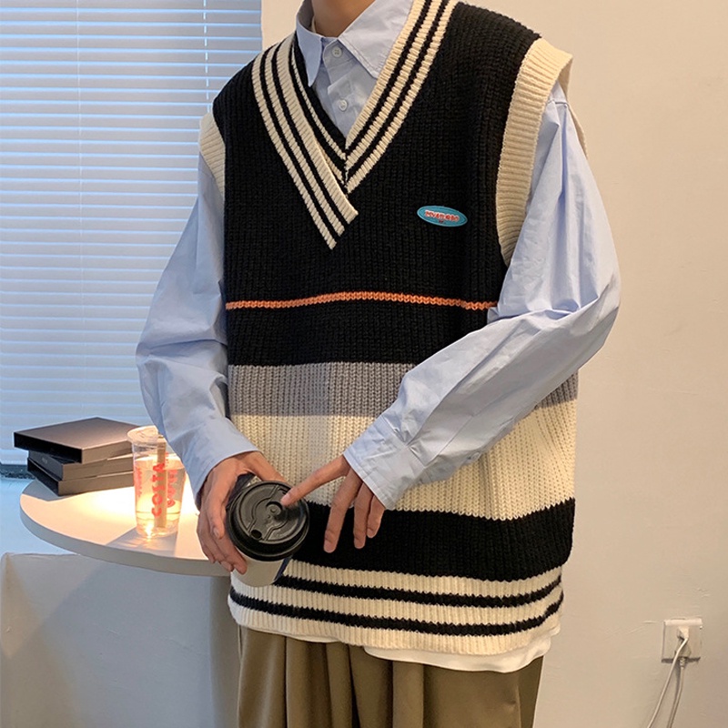 IELGY  Áo Len Không Tay Cổ Chữ V Màu Khối Thời Trang Dành Cho Nữ