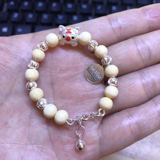 Vòng tay dâu tằm cho bé, vòng mix bi bạc và con giáp bạc ta, vòng có thẻ tròn khắc tên MIỄN PHÍ CÔNG KHẮC