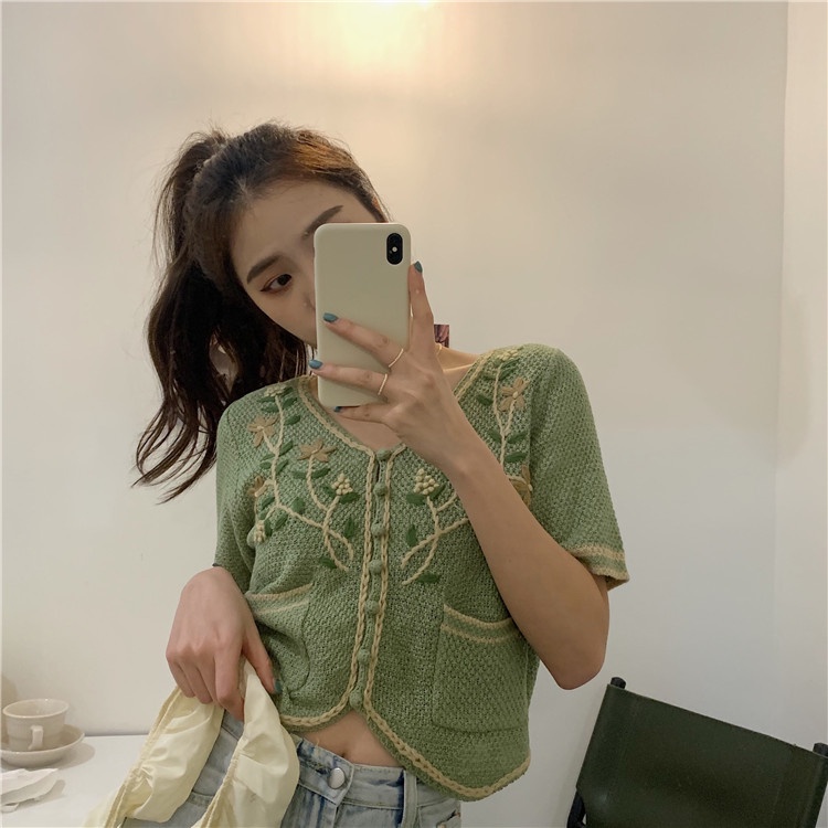Áo Dệt Kim Ngắn Tay Cổ Chữ V Thêu Hoa Thời Trang Mùa Hè Phong Cách Hàn Quốc Vintage Mới Cho Nữ