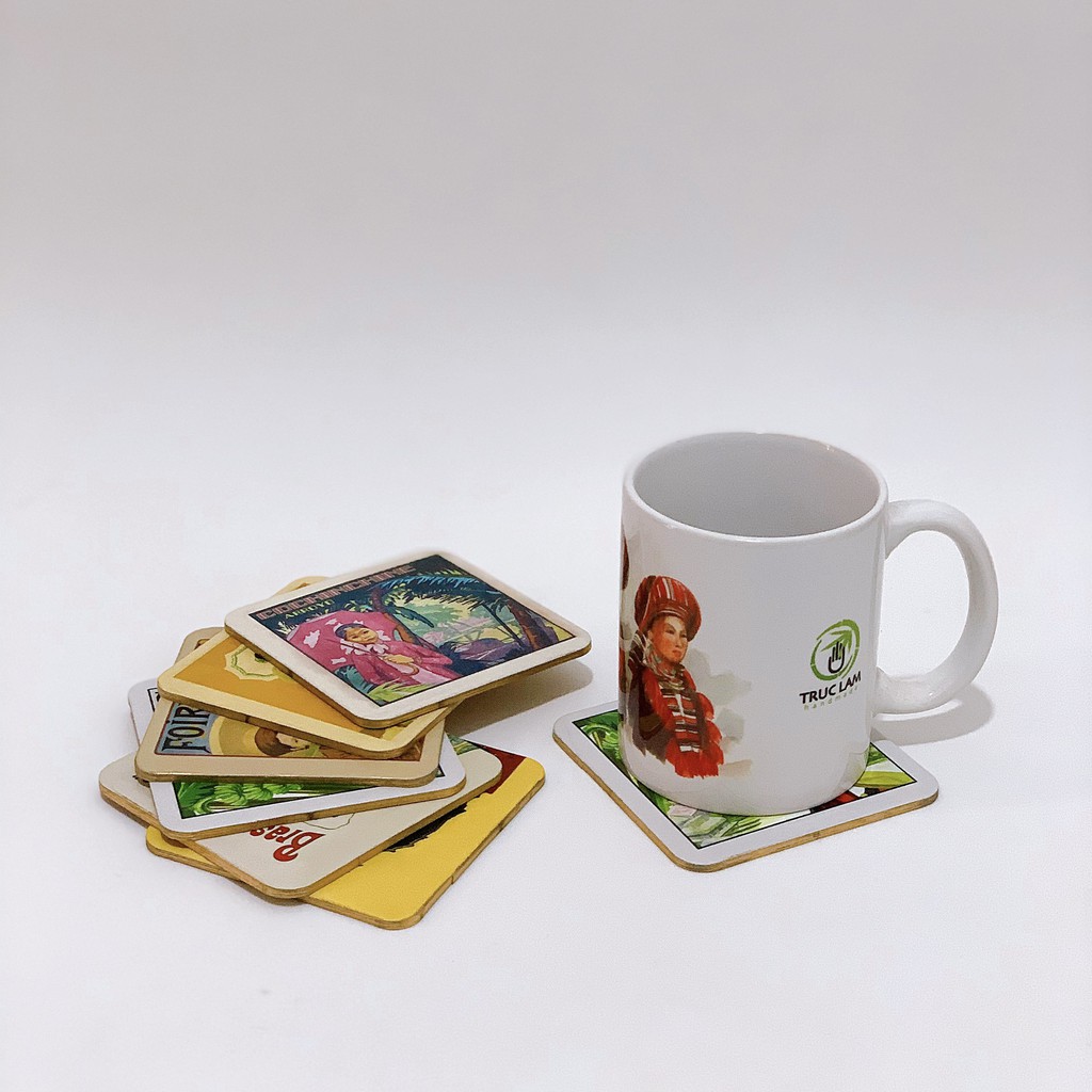 Bộ Lót Ly Lót Cốc Giấy Ép Cán Lụa 6 Chiếc In Hình Chủ Đề Đông Dương - Trúc Lâm Handmade
