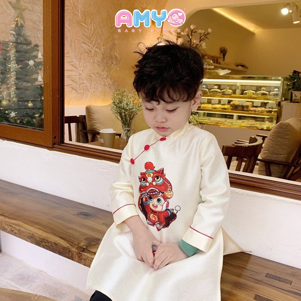 Áo dài bé trai set đồ Tết cho bé trai kèm quần lanh đen AMYO 11.BAD03.02-2