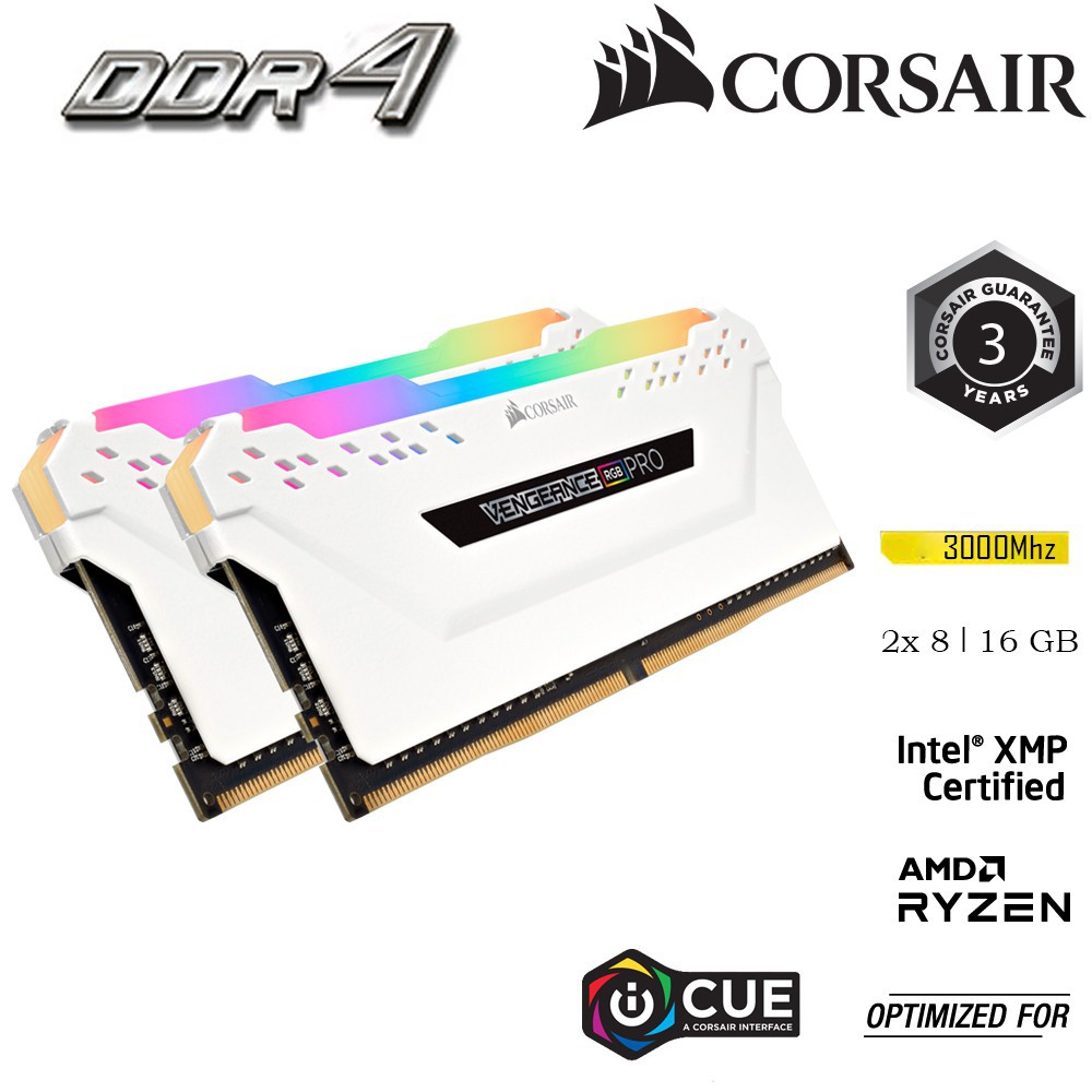 Bộ nhớ trong CORSAIR DDR4 VENGEANCE PRO RGB 16GB DDR4 2x8G 3000MHz CMW16GX4M2C3000C15WTRẮNG