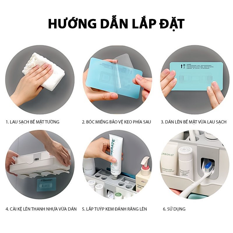 Kệ để đồ nhà tắm giá treo bàn chải đánh răng, nhả kem tự động kèm 2/3/4 cốc, không cần khoan tường