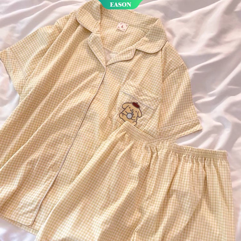 Bộ Đồ Ngủ Pijama Ngắn Tay Cổ Bẻ Họa Tiết Caro Phối Cục Bông pom pom Dễ Thương Dành Cho Nữ 2022