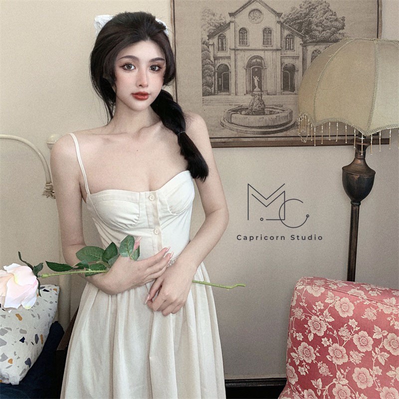 Váy/ Đầm dây màu trắng kiểu sơ mi nhẹ nhàng phong cách retro Pháp