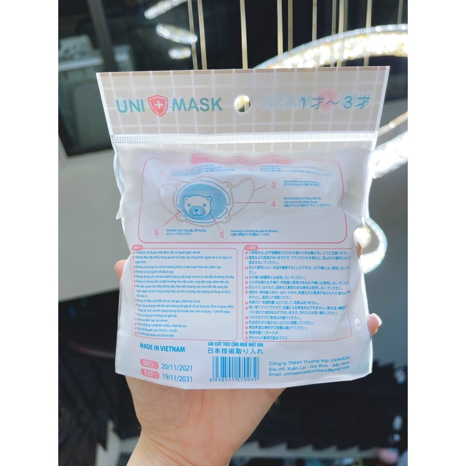 Set 3 Chiếc khẩu trang trẻ em hình Gấu 3D Uni Mask kháng khuẩn chống bụi mịn theo tiêu chuẩn nhật bản.