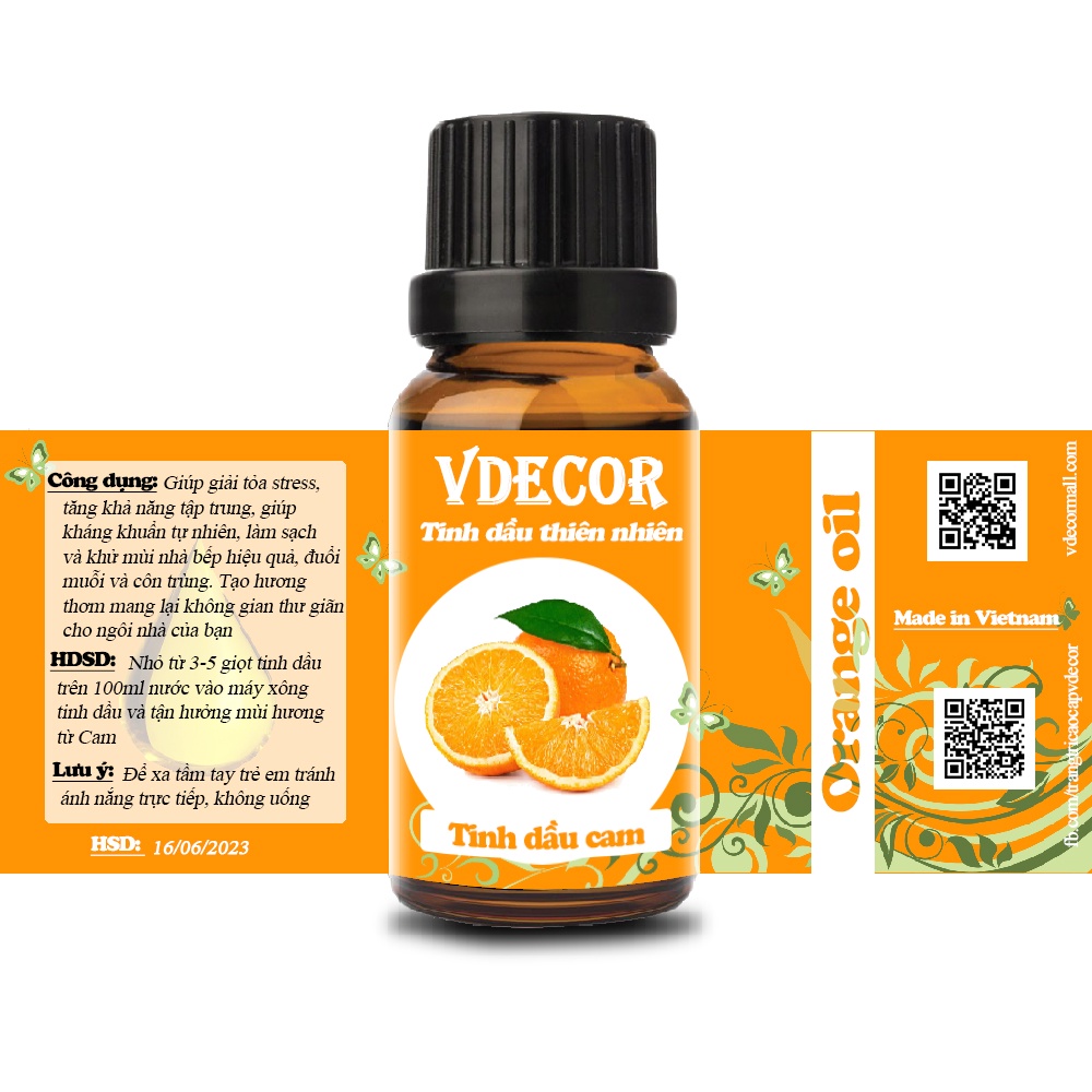 [Mã LIFEHLDEC giảm 10% đơn 99k] Tinh Dầu Cam Ngọt VDECOR Nguyên Chất 100% Từ Thiên Nhiên (10ml)