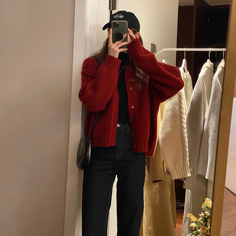 Hàng Sẵn_Áo len sáp mềm màu đỏ lưới phụ nữ áo khoác len dệt kim xoắn phong cách hàn