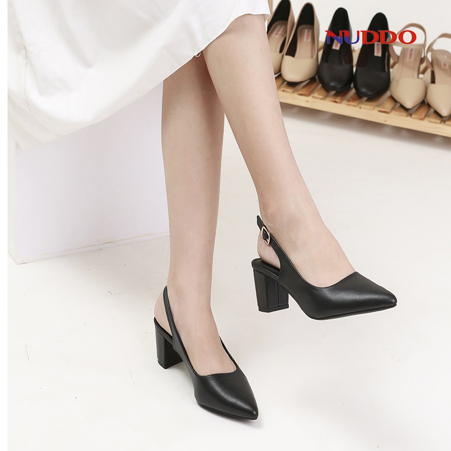 Giày cao gót nữ 5 phân mũi nhọn gót vuông kiểu dáng sandal slingback kín mũi đẹp công sở da mềm sang trọng NUDDO NU2012