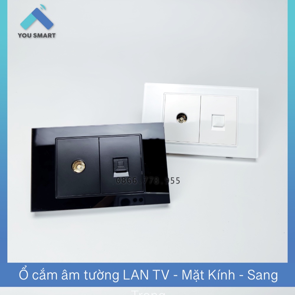 Ổ cắm âm tường chữ nhật Mặt Kính cường lực - 2 cổng LAN TV