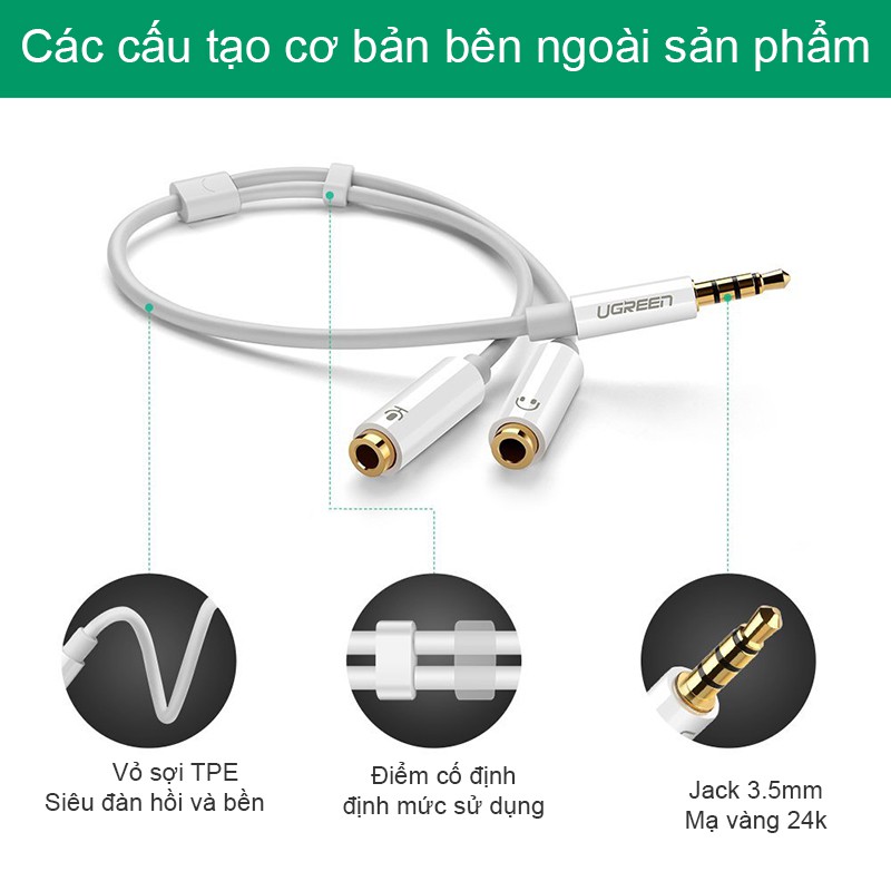 Cáp chia Audio 3.5mm từ Smartphone/Máy tính bảng ra 2 đầu 3.5mm âm 1 bên Micro 1 bên Audio ra Tai nghe/Loa UGREEN 10780