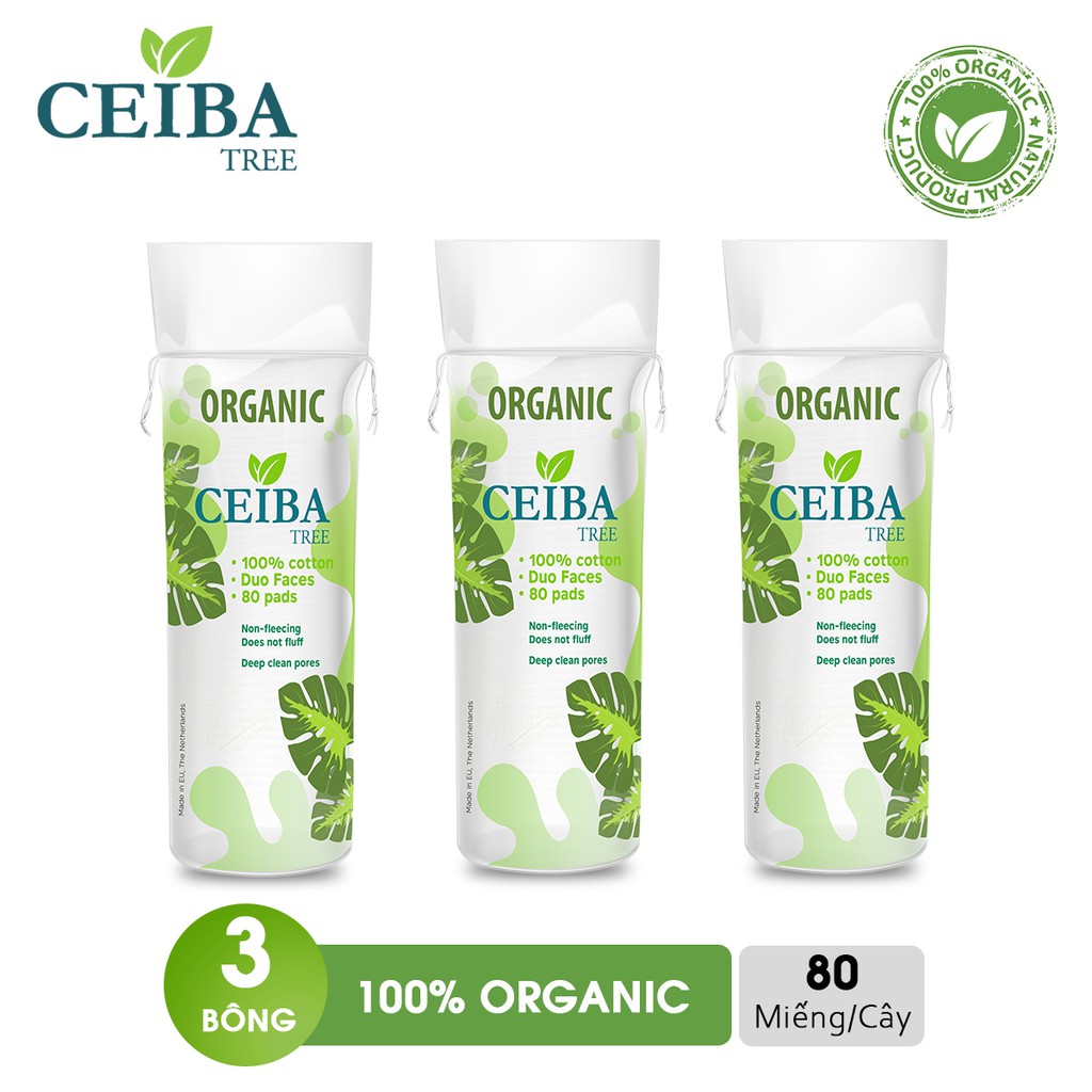 Combo 3 bông tẩy trang Organic Ceiba duo face 100% cotton dành cho da nhạy cảm (80pads x3)