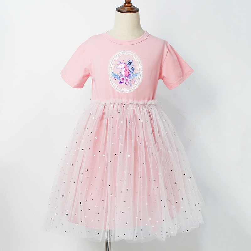 Đầm công chúa chất liệu cotton mềm mại phối ren hình kỳ lân đính kim sa thời trang cho bé gái 2021