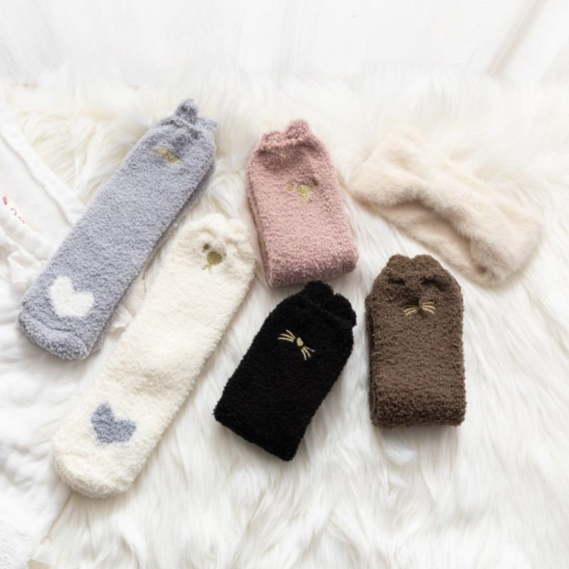 Vớ nhung dày giữ ấm thêu hình chân mèo hoạt hình 3D dành cho nữ