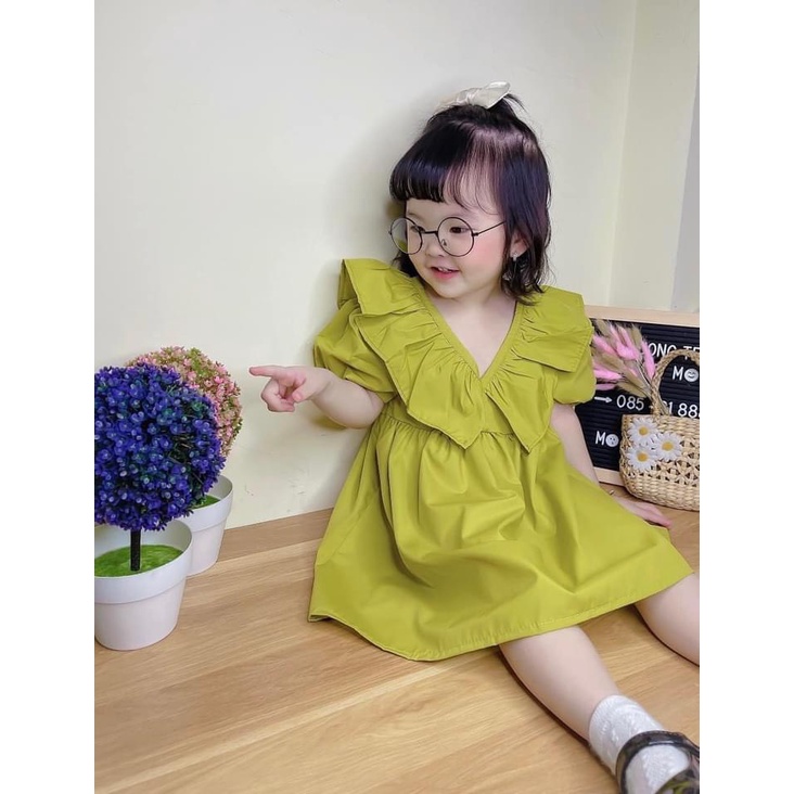 Váy bé gái cổ chữ V phối bèo to 2 mầu Xanh cốm và Tím hồng XHN957