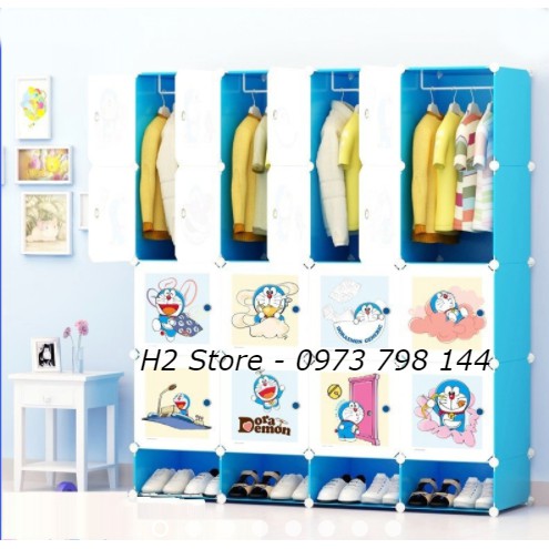 [RẺ NHẤT SHOPEE] TỦ NHỰA LẮP GHÉP 16 Ô + 4 GIÀY XANH DƯƠNG, DOREAMON ĐỂ ĐỒ ĐA NĂNG THÔNG MINH sâu 47cm