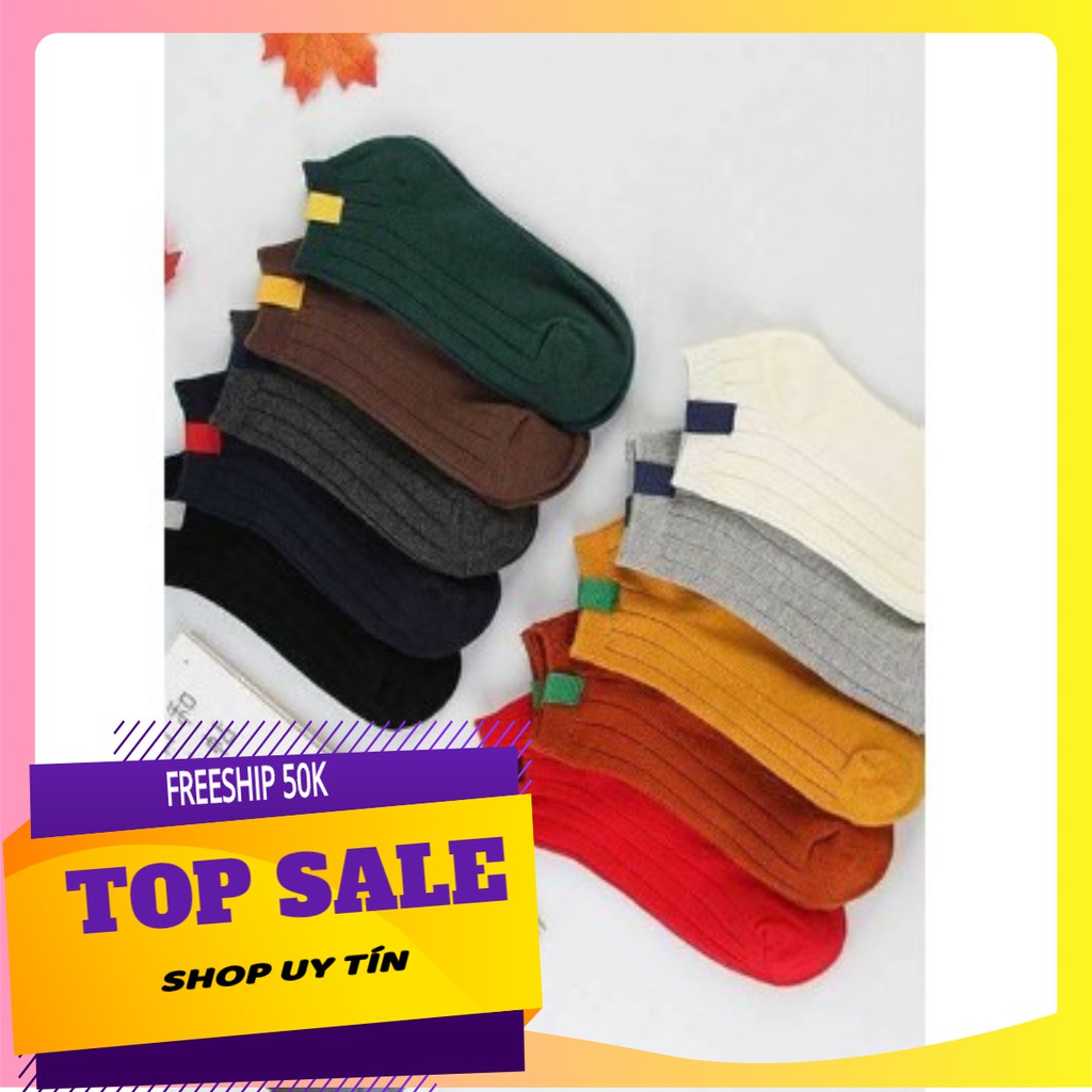 Set 10 đôi tất nữ cổ ngắn gân tăm màu trơn vintage