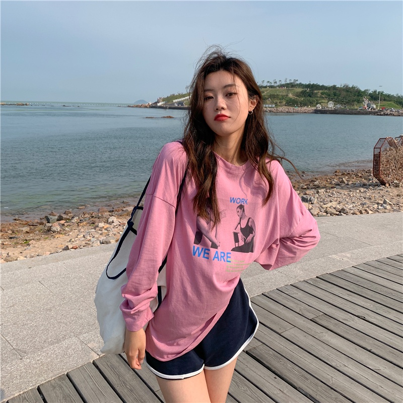 Áo thun tay dài cổ tròn phong cách Hàn Quốc thời trang mùa thu cho nữ 4 màu