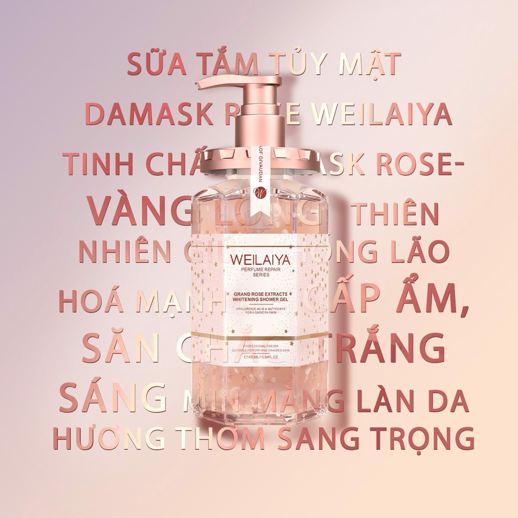 Sữa tắm Weilaiya cánh hoa hồng dưỡng trắng da Damask Weilaiya Grand Rose Extracts Whitening Shower Gel 450ml Zuka Beauty