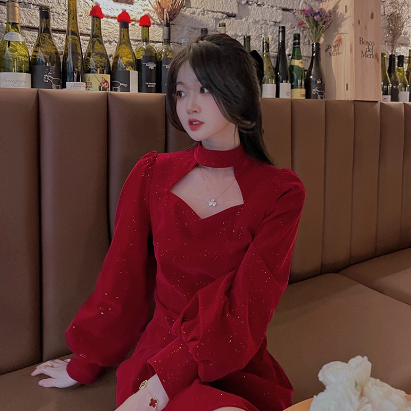 Đầm nhung Perty dáng ngắn phối dây kéo đính kim tuyến lấp lánh thời trang quyến rũ cho nữ