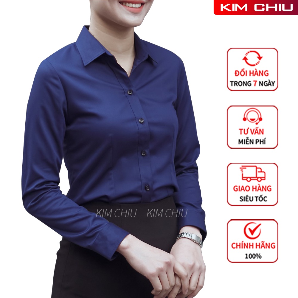 Áo Sơ Mi Nữ Công Sở Kim Chiu Cao Cấp, Form Mai An, Màu Xanh Đen Tay Dài Vải Kate Ý Đẹp Ít Nhăn Giãn Nhẹ. SMTD01