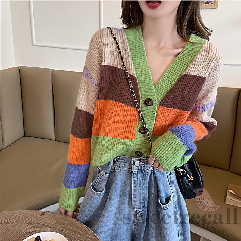SWT-Áo khoác cardigan dệt kim tay dài cổ chữ V họa tiết kẻ sọc phối hàng nút đơn màu sắc thời trang mùa thu cho nữ