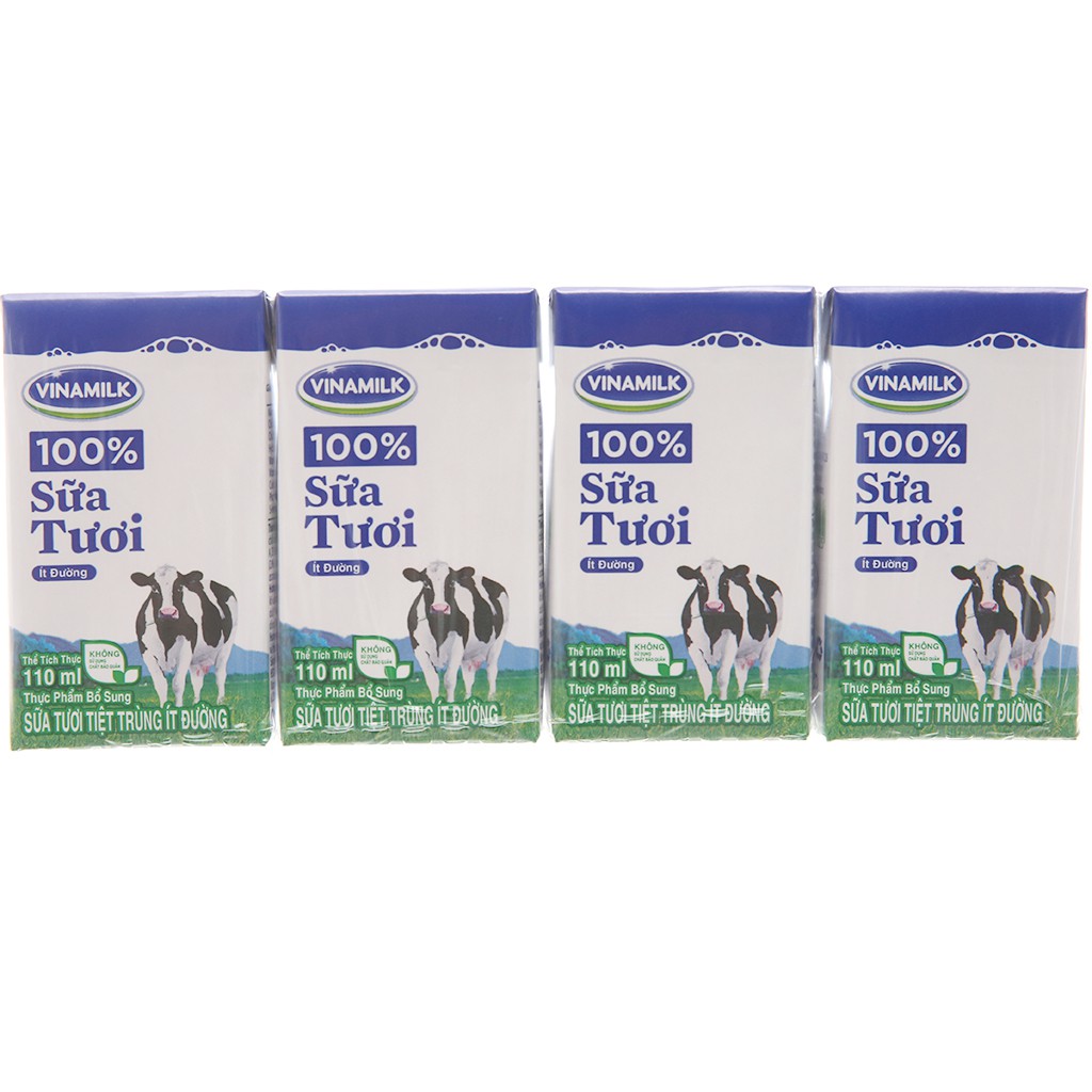 Lốc 4 hộp sữa tươi ít đường Vinamilk 100% Sữa Tươi 110ml