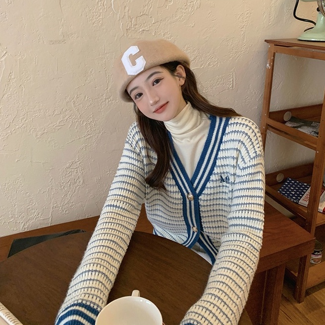 Áo cardigan ZHELIHANGFEI dệt kim tay dài dáng rộng hoạ tiết kẻ sọc cho nữ