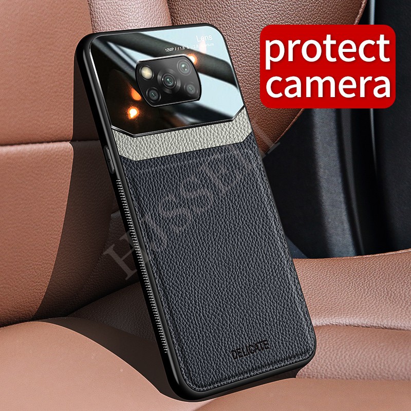 Ốp điện thoại mặt da PU kính cường lực cho Xiaomi Poco X3 Pro