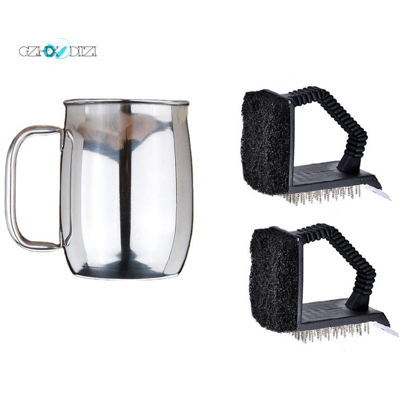 2Pcs Stainless Steel BBQ Bruzzler Grill Brush & 1x 1000Ml Stainless Steel with Handle Water Glass Beer Drink