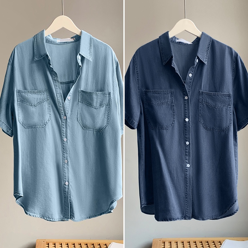 Áo sơ mi denim ZANZEA ngắn tay có túi thời trang nữ tính