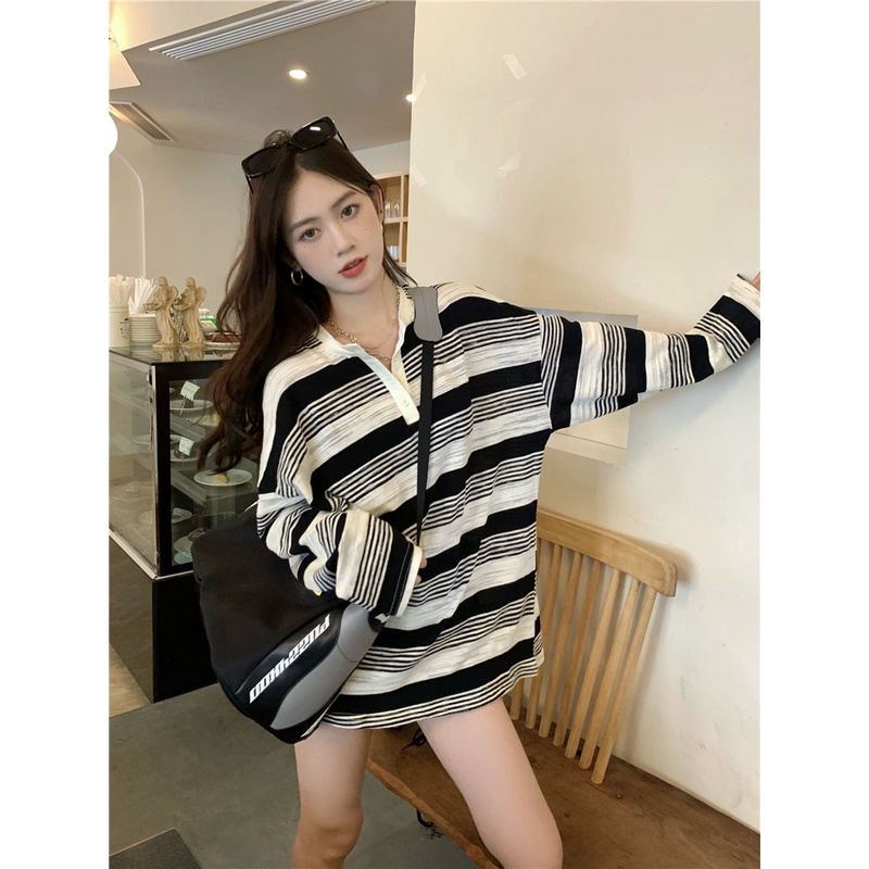 Jiashucheng Áo Thun Dài Tay Dáng Rộng Họa Tiết Kẻ Sọc Màu Sắc Tương Phản Phong Cách Hàn Quốc Cho Nữ