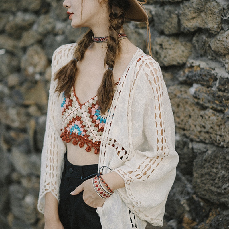 Youyo Áo Croptop Dệt Kim Cổ Chữ V Màu Tương Phản Phối Tua Rua Và Quả Bông Phong Cách Dân Tộc Retro Quyến Rũ