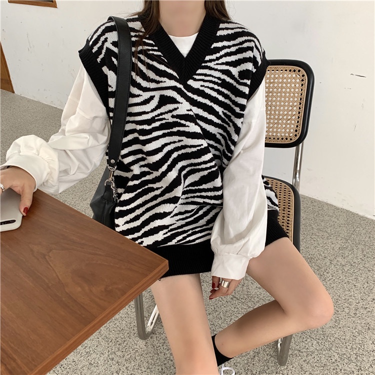 Áo len không tay cổ chữ V họa tiết ngựa vằn phong cách retro | BigBuy360 - bigbuy360.vn