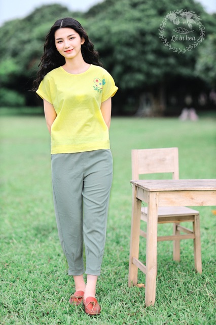 Quần baggy đũi bo gấu cạp chun Lá in hoa