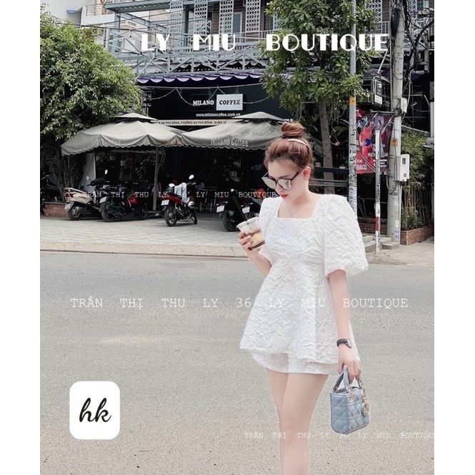 Set Áo Babydoll trắng cổ vuông buộc nơ lưng chất xốp chuẩn hàng QC cao cấp