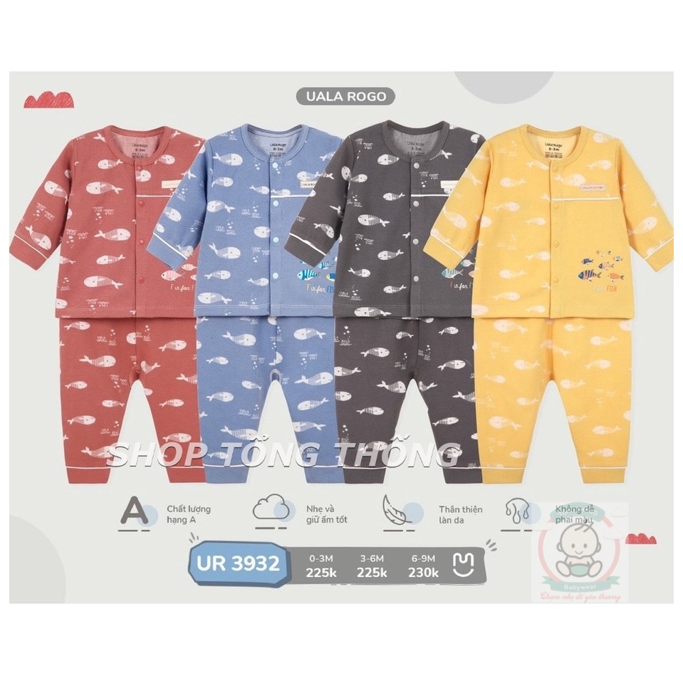 Bộ Uala Rogo cotton cao cấp dài tay cài giữa mềm mịn thấm hút mồ hôi tốt in cá mập cho bé trai bé gái 3932