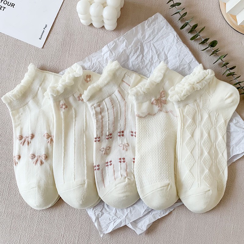 Sét 5 Tất Nữ Cổ Bèo Tone Màu Trắng Họa Tiết Nơ Hồng  Tn2