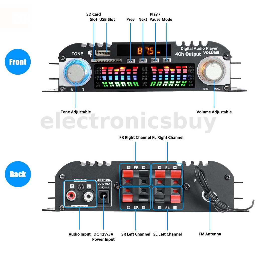 Bộ Khuếch Đại Âm Thanh bluetooth Không Dây Mini 12V Thẻ SD Thẻ U Cho Xe Hơi/Máy Nghe Nhạc MP3