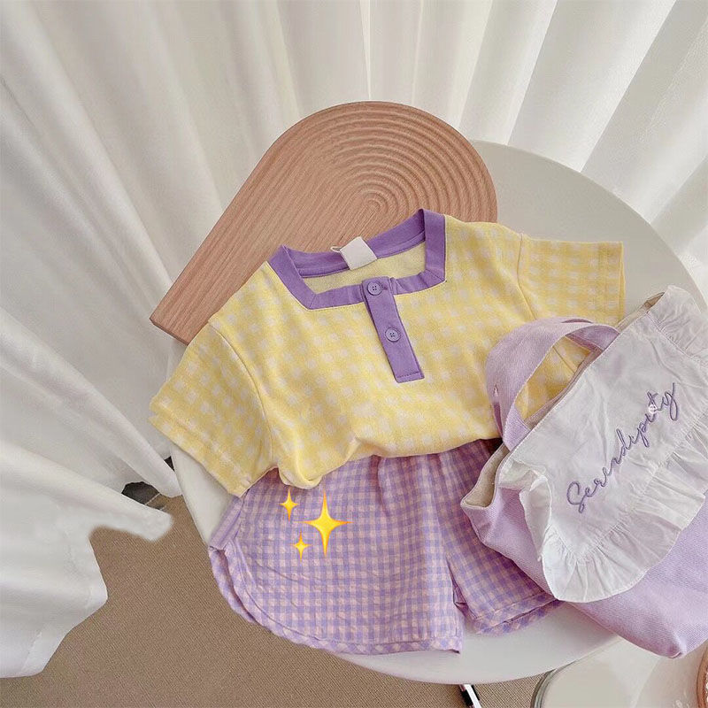 Set áo thun cotton tay ngắn + quần short kẻ sọc màu tím phong cách nhật bản cho bé gái