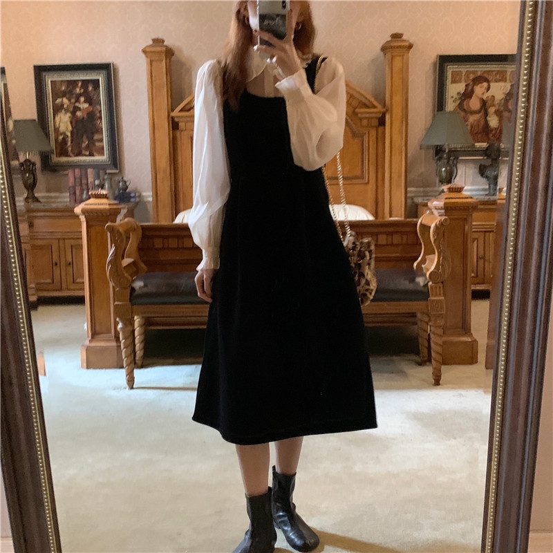 SUXI Set áo sơ mi tay dài màu trơn phối chân váy chữ A phong cách Hàn Quốc mới