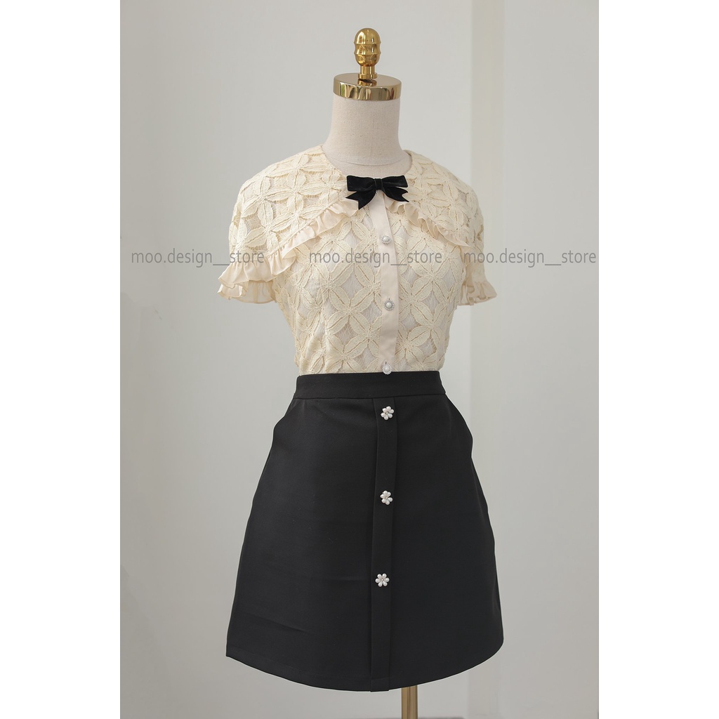 Áo tiểu thư, áo ren sơ mi cánh tiên khuy đá, chất ren thêu, kèm nơ cài,MOO Design - ARMD9