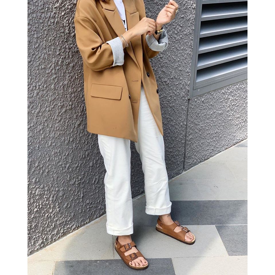 Giày dép đế trấu quai ngang 2 khoá nam nữ Detaunisex thời trang Birken công sở - màu Bò - SATA21B