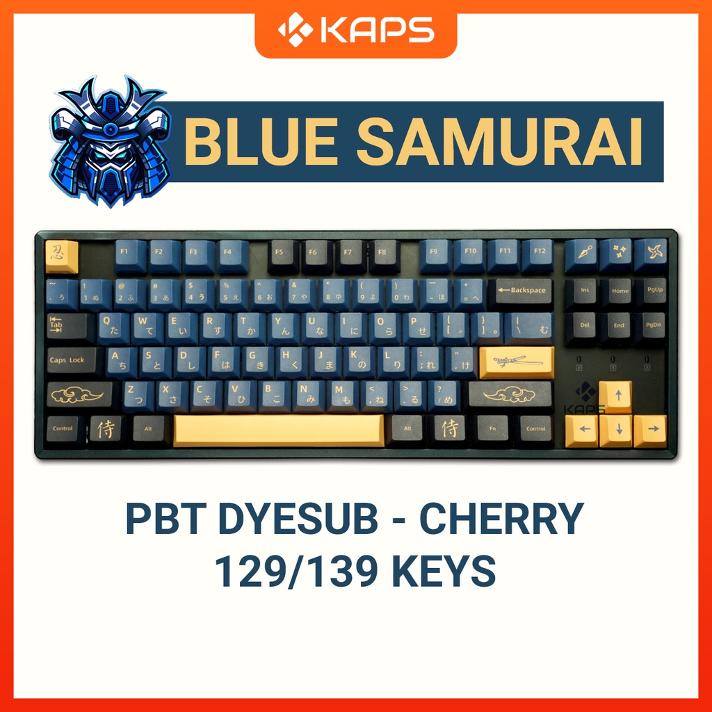 Keycap Blue Samurai PBT profile Cherry in dyesub 129/139 nút cho bàn phím cơ layout 108/104/98/87/84/75/68/64/61