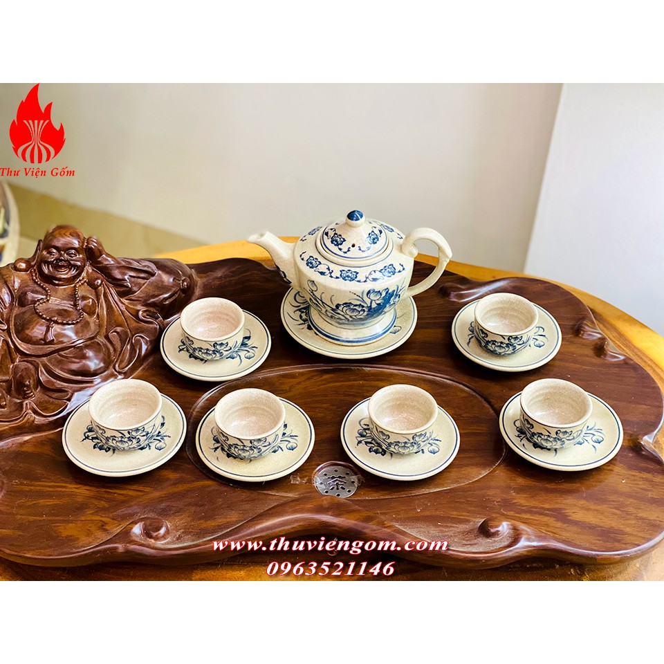 Bộ ấm chén uống trà Bát Tràng men rạn cổ vẽ sen