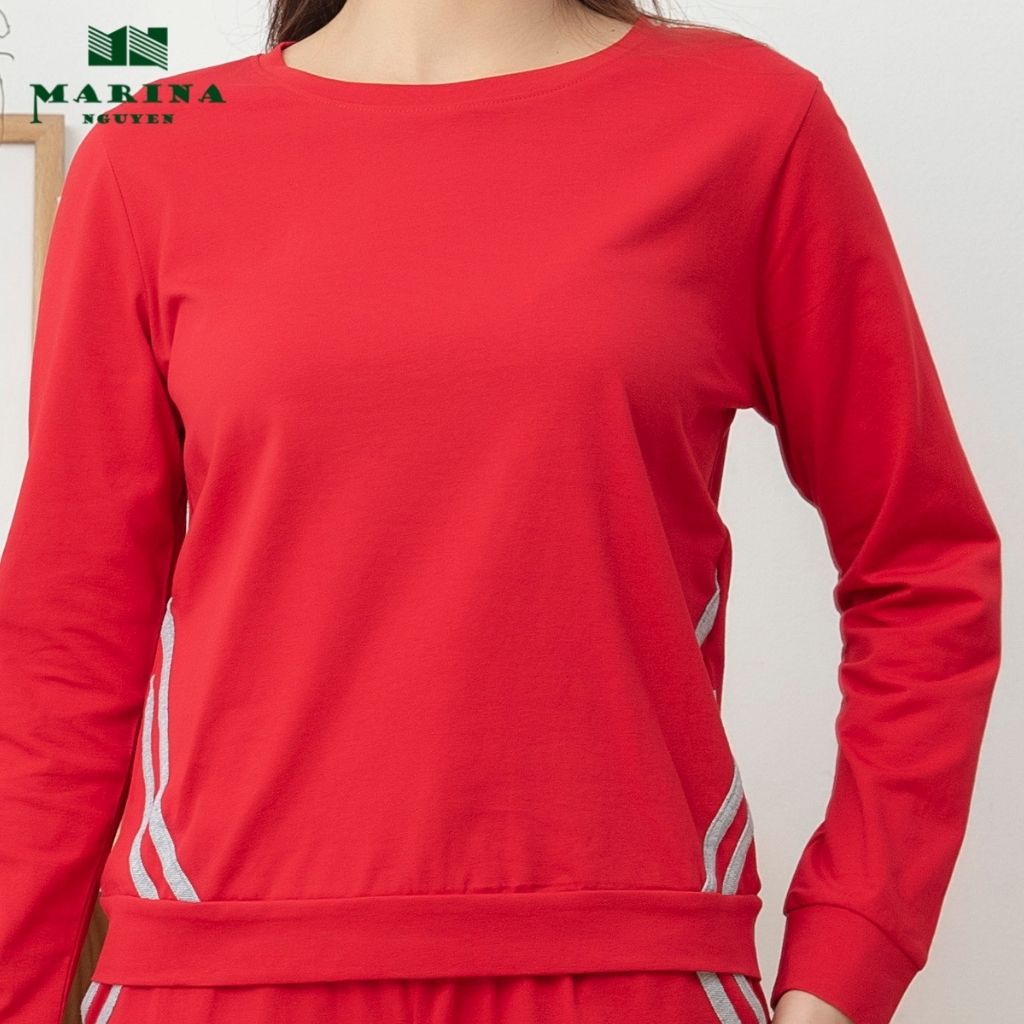 Đồ Bộ Nữ Thu Đông Dài Tay MARINA NGUYỄN Phối Kẻ Hông, Kiểu Dáng Thể Thao, Chất Cotton Mềm Mịn, Thoáng Mát - 821013