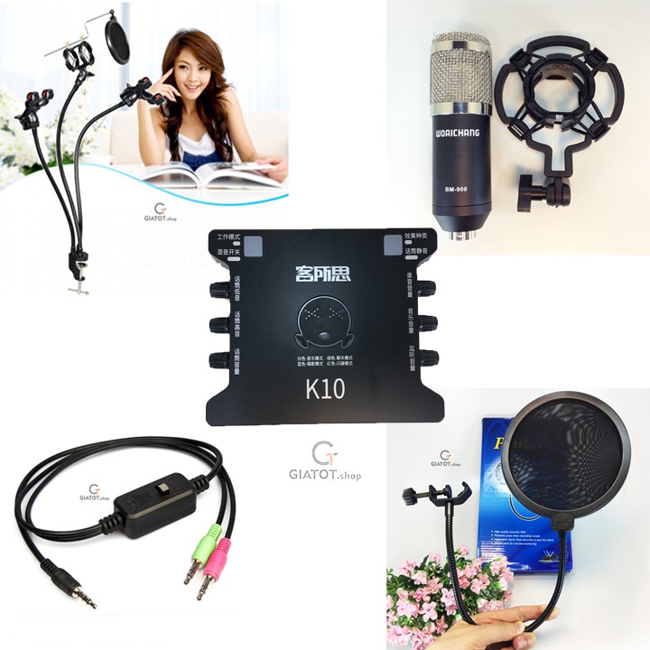[BẢN NÂNG CẤP] Bộ micro thu âm cao cấp BM900 + sound card K10 + dây livestream + Kẹp đỡ livetream và màng lọc