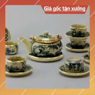 Bộ ấm chén Nhật men rạn bọc đồng gốm sứ Bát Tràng