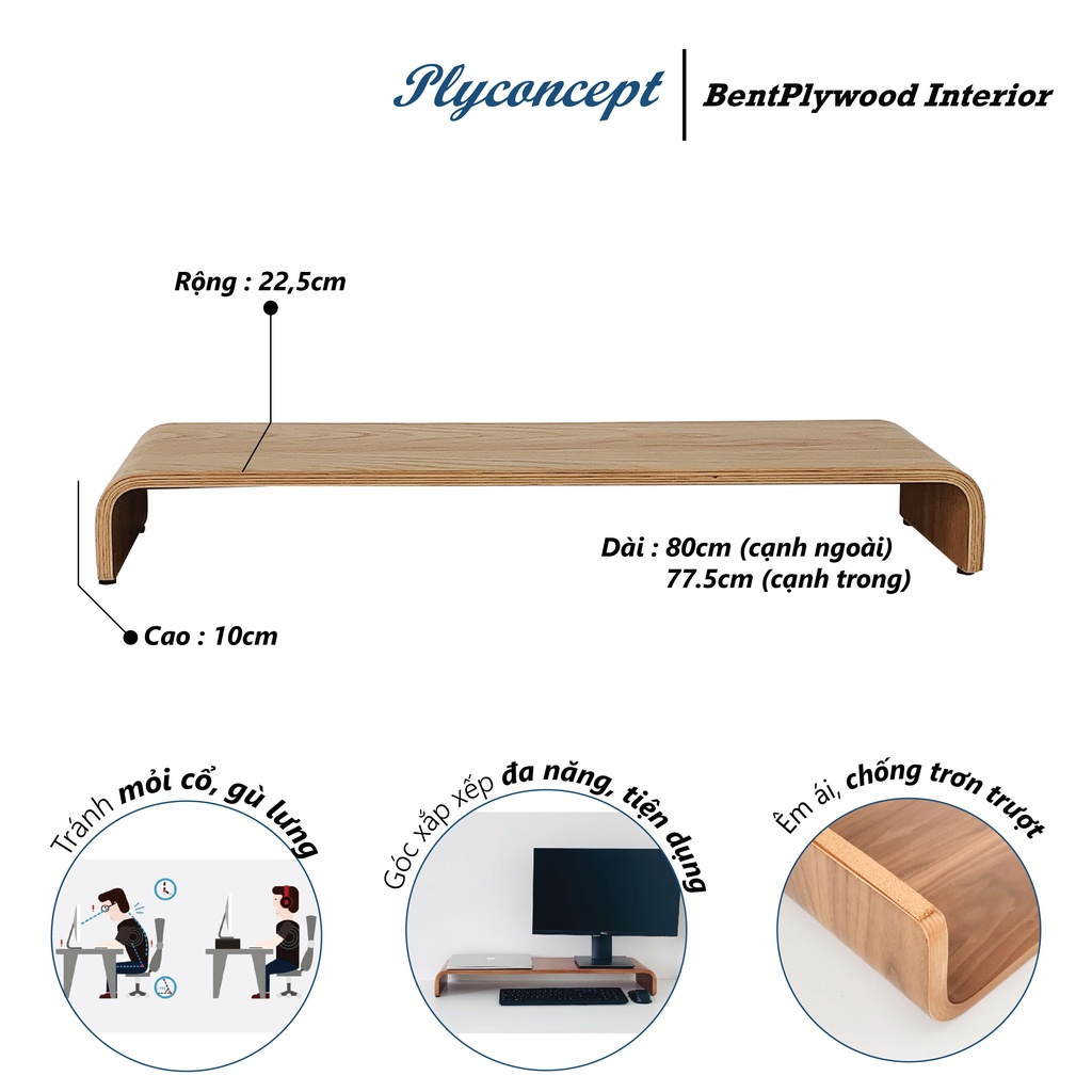 Kệ màn hình máy tính, Kệ Tivi Ngang 80 cm - Plyconcept Monitor Stand U800 - Màu gỗ Sồi