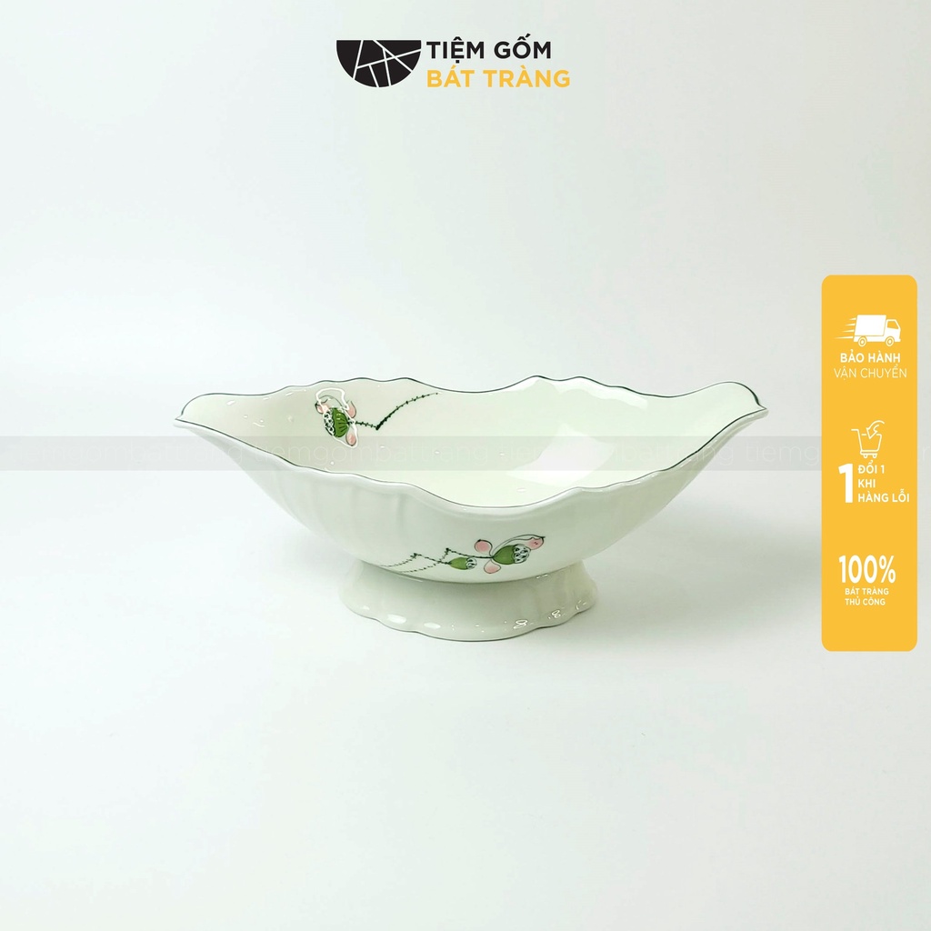 Bát Thuyền Bát Đĩa Đựng Gà Cúng Nguyên Con Gốm Sứ Bát Tràng Cao Cấp Màu Trắng Và Kẻ Vàng